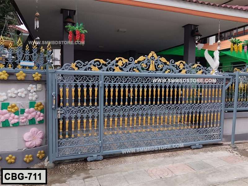 Decorative grey and gold boundary gate with floral patterns for home exterior