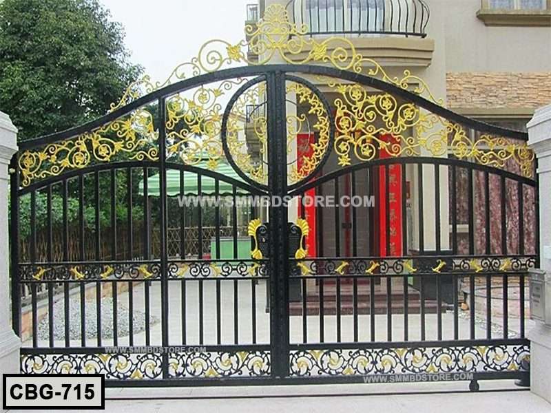 Decorative black and gold wrought iron boundary gate with ornate floral patterns, model CBG-715. Main image