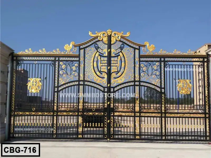 Decorative black and gold wrought iron boundary gate with ornate patterns for home entrance Main image