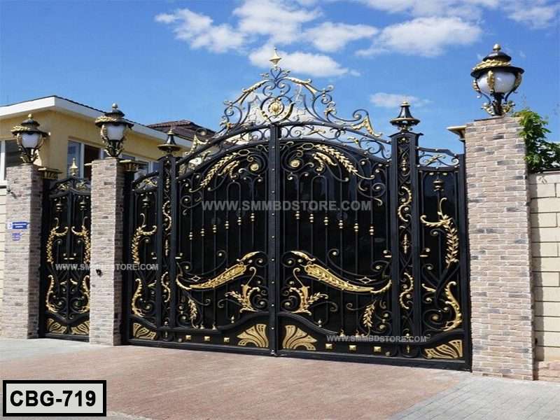 Luxury black and gold wrought iron boundary gate with ornate design, brick pillars, outdoor setting