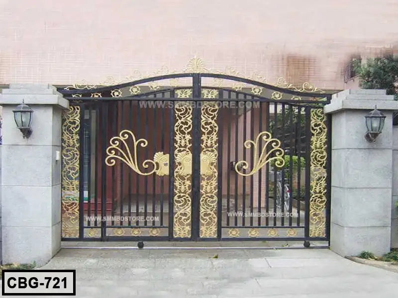 Ornate black and gold metal boundary gate with decorative floral design, outdoor entrance.