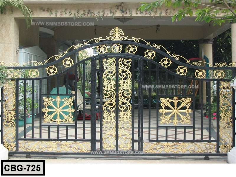 Decorative wrought iron boundary gate with gold floral patterns for home entrance Main image