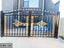 Modern black and gold boundary gate with decorative metalwork at house entrance