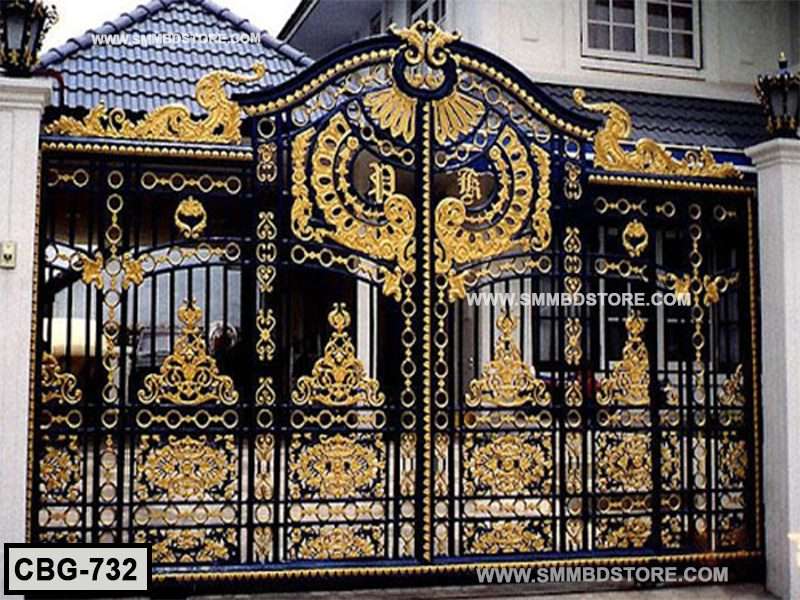 Ornate black and gold metal boundary gate with intricate decorative patterns in front of a house Main image