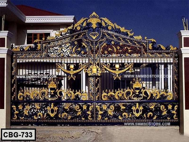 Decorative black and gold wrought iron gate with intricate floral and leaf designs, installed at a house entrance. Main image