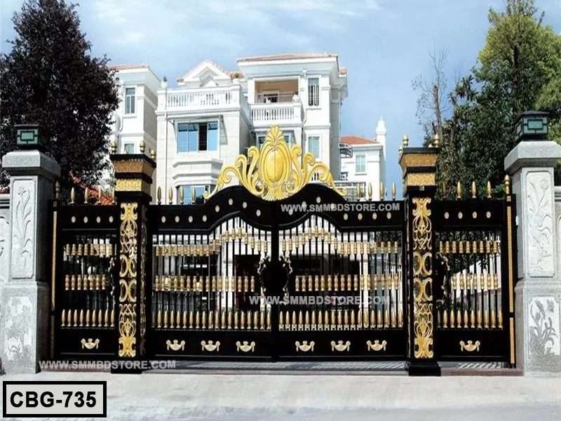 Luxury black and gold boundary gate with ornate design in front of a modern house Main image
