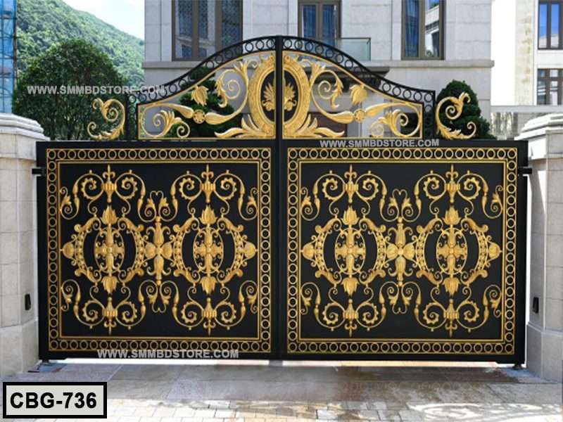 Luxury black and gold wrought iron boundary gate with ornate floral patterns, villa background Main image