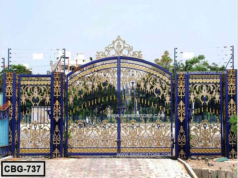 Decorative wrought iron boundary gate with intricate gold patterns, outdoor entrance design