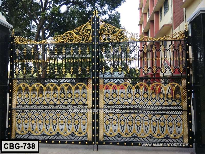 Decorative black and gold wrought iron gate with intricate patterns, installed outdoors. Main image