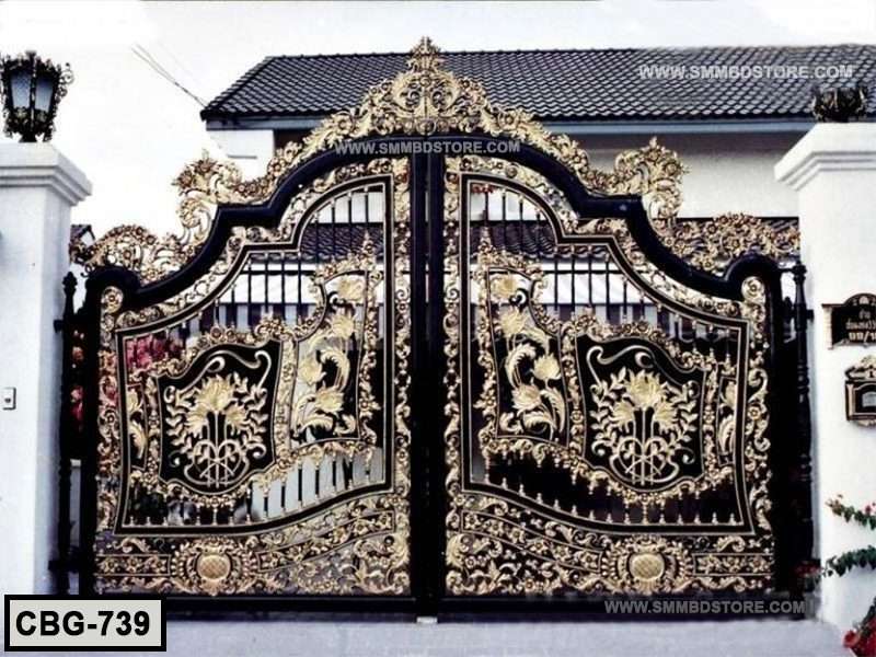 Decorative wrought iron boundary gate with gold floral patterns for home entrance Main image