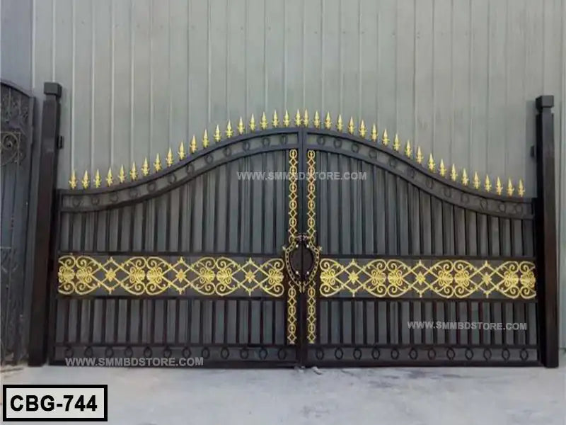 Modern black boundary gate with gold decorative accents, metal design, double swing style Main image