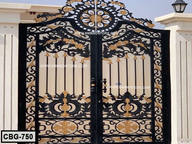 Decorative black and gold metal boundary gate with floral patterns for home entrance Main image