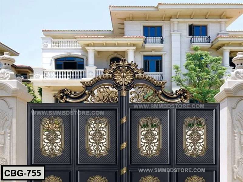 Luxury black and gold boundary gate with ornate design in front of modern house