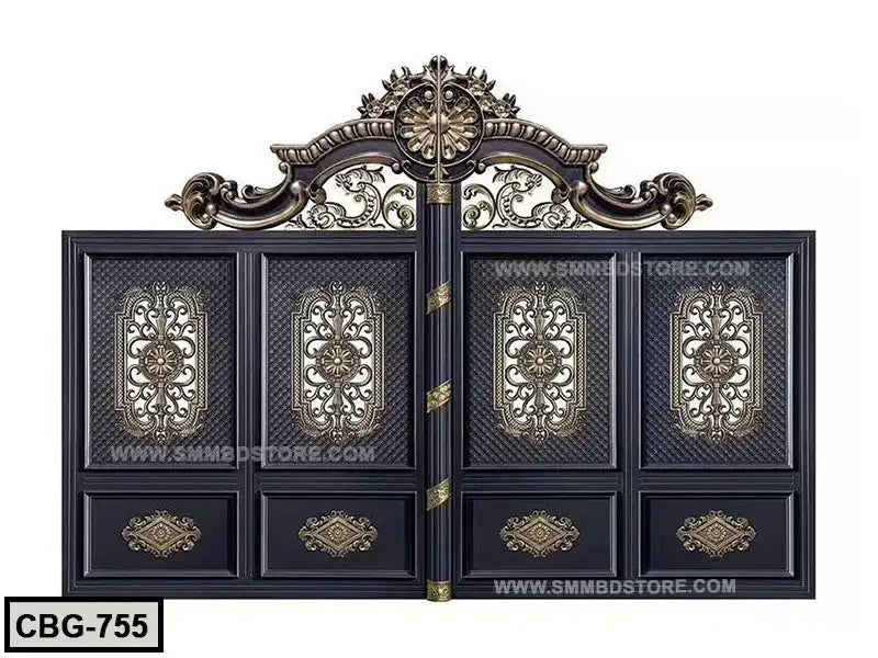 Decorative black and gold metal boundary gate with ornate floral patterns, model CBG-755