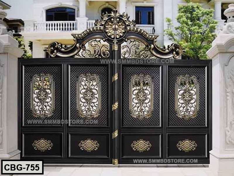 Ornate black metal boundary gate with gold decorative patterns in front of a residence Main image