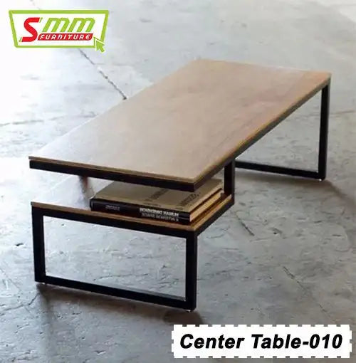 Modern wooden center table with black metal frame and lower shelf holding books on a concrete floor. Main image