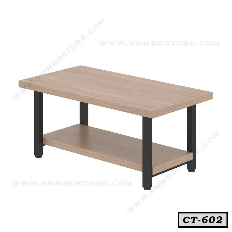Modern wooden center table with black metal legs and lower shelf, minimalist design