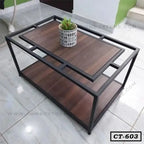 Modern rectangular center table with metal frame, wooden top, lower shelf, and small plant decor