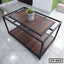 Modern rectangular center table with metal frame, wooden top, lower shelf, and small plant decor