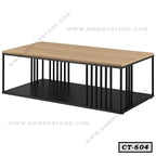 Modern rectangular center table with wooden top, black metal frame, and lower shelf.