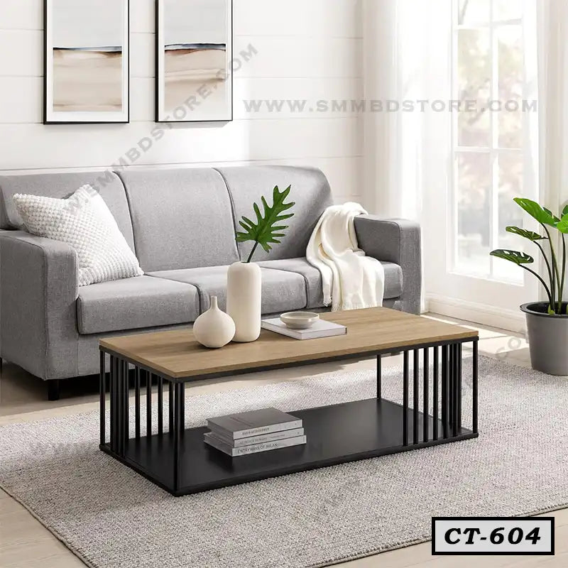 Modern center table with wood top and black metal frame in a stylish living room setting
