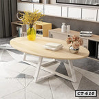 Modern oval wooden center table with white metal legs in a stylish living room setting