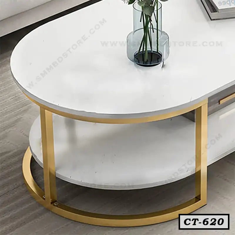 Modern white oval center table with gold metal frame and lower shelf in living room