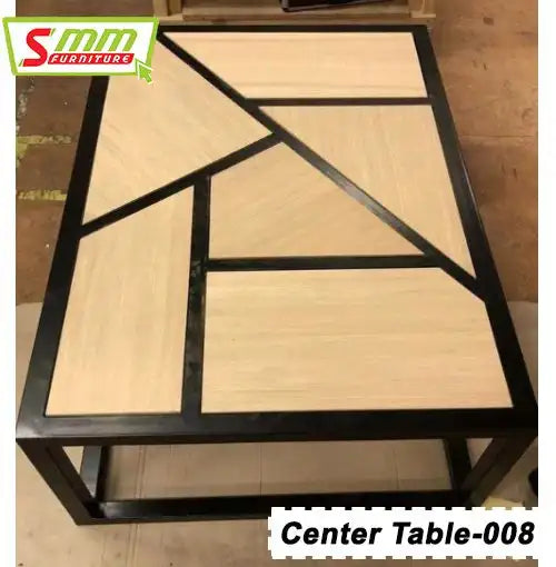 Modern center table with geometric wood and black metal frame, rectangular design