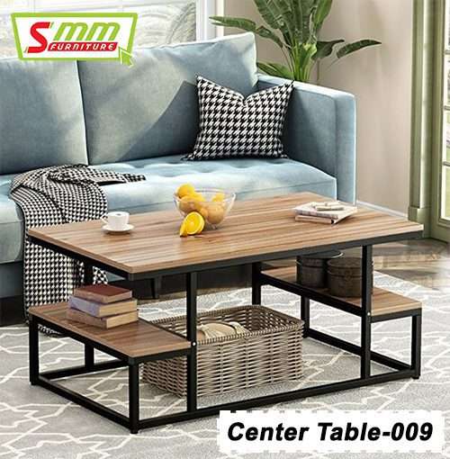 Modern wooden center table with metal frame, open shelves and basket, in living room setting