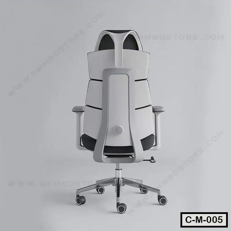 Modern ergonomic office chair with white and black design, adjustable armrests, and wheels