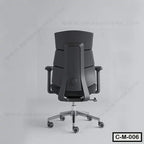 Modern ergonomic black office chair with adjustable armrests and wheels on a grey background