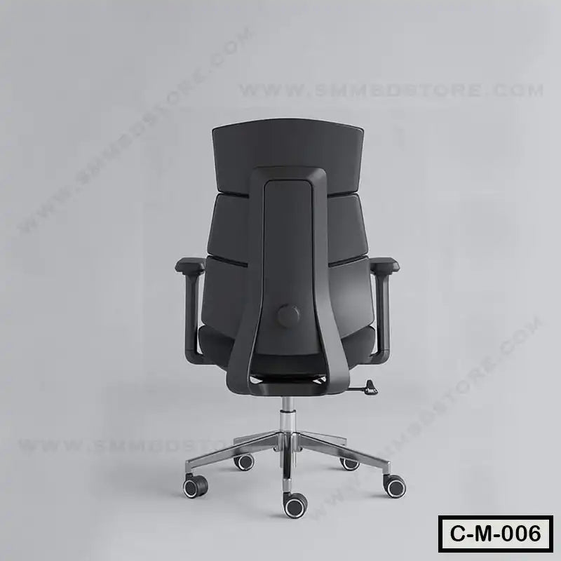 Modern ergonomic black office chair with adjustable armrests and wheels on a grey background