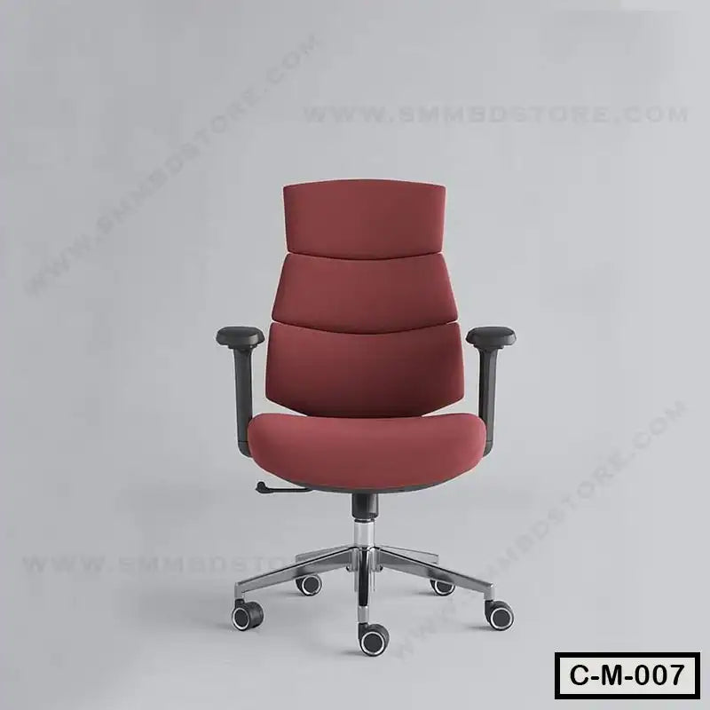 Modern ergonomic maroon office chair with adjustable armrests and wheels on a grey background
