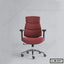 Modern ergonomic maroon office chair with adjustable armrests and wheels on a grey background
