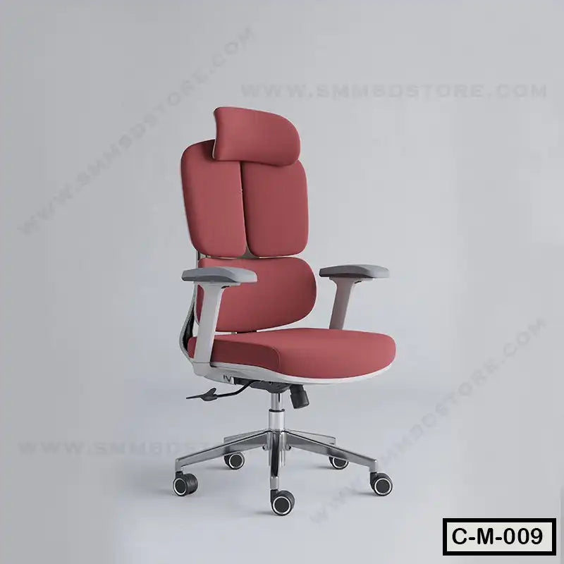 Ergonomic red office chair with adjustable headrest, armrests, and wheels, model C-M-009
