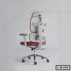 Ergonomic office chair with red and white cushioning, adjustable backrest, and rolling wheels.