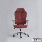 Ergonomic red office chair with adjustable armrests and wheels on a grey background