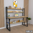 Modern wooden computer table with metal frame, shelving, and minimalist home office decor