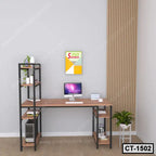 Modern computer table with shelves, minimalist home office desk setup, wood and metal design