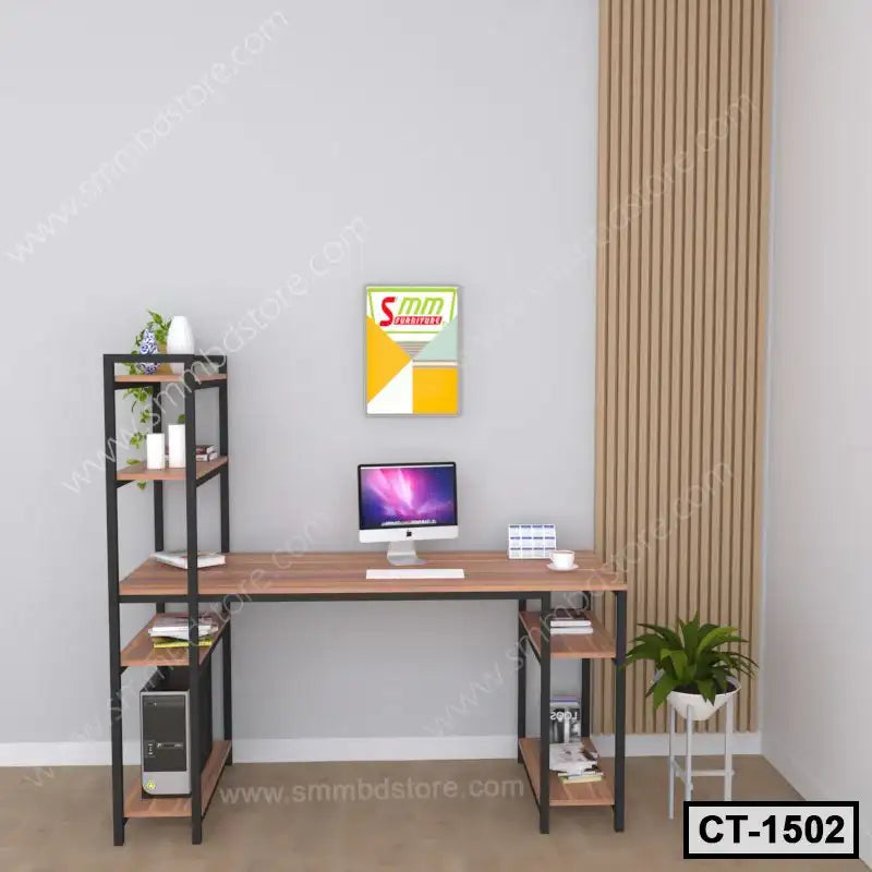 Modern computer table with shelves, minimalist home office desk setup, wood and metal design