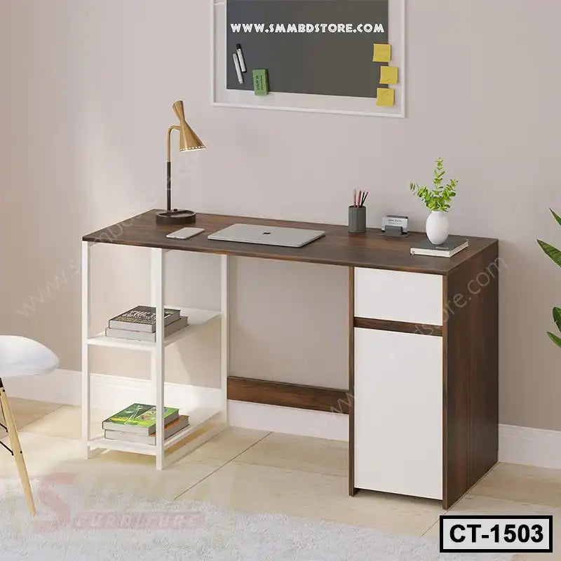 Modern wooden computer table with shelves and drawer, ideal for home office workspace. Main image