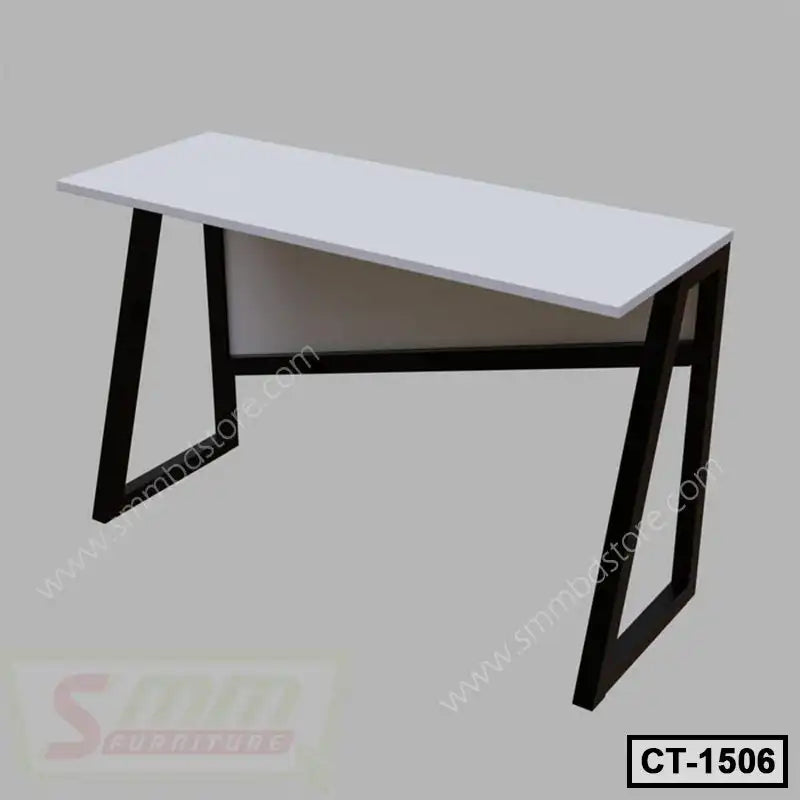 Modern computer table with white top and black metal frame, minimalist office desk.