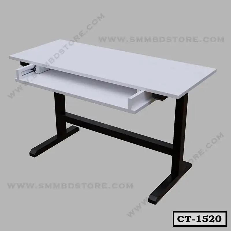 Modern white computer table with black metal legs and pull-out keyboard tray, perfect for home office