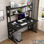 Modern black computer desk with upper shelves, monitor, books, and office accessories
