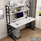 Modern computer table with shelves, desktop computer, and office accessories in a home office setting.