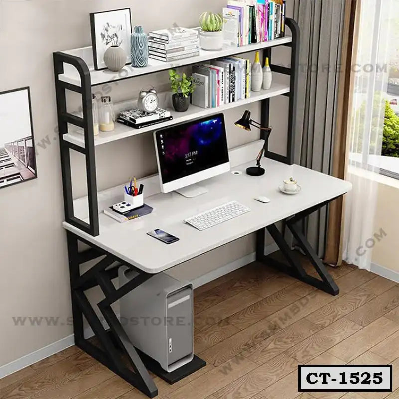 Modern computer table with shelves, desktop computer, and office accessories in a home office setting.