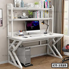 Modern white computer table with shelves, desktop setup, books, lamp, and home office decor