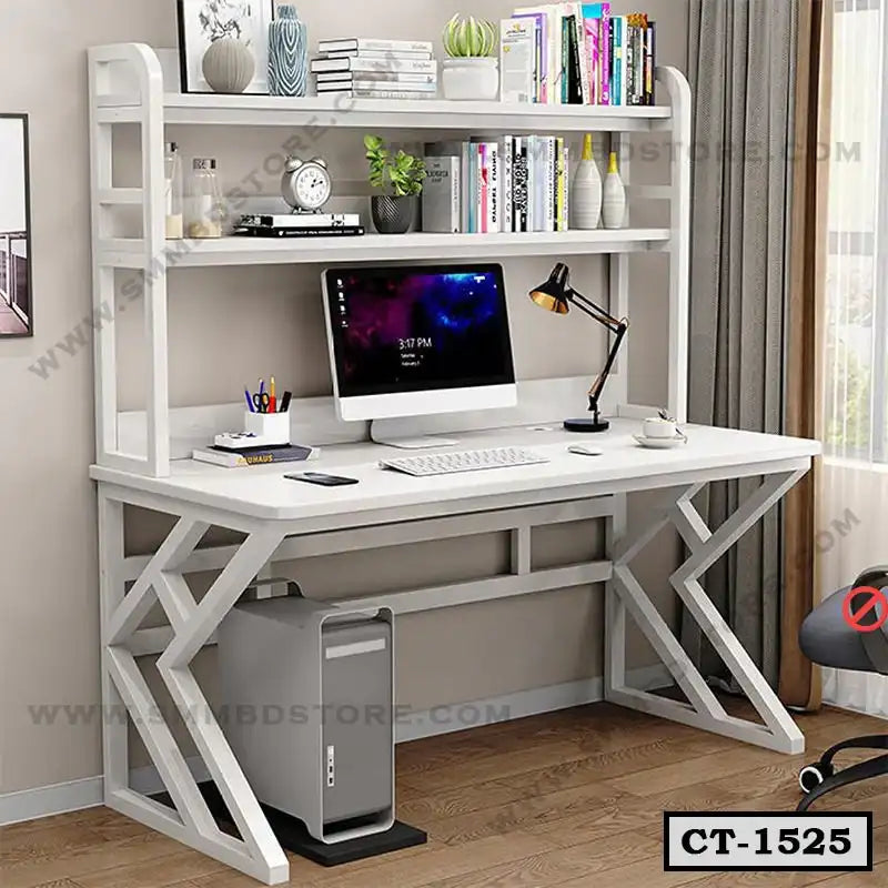 Modern white computer table with shelves, desktop setup, books, lamp, and home office decor