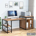 Modern L-shaped computer table with wooden shelves, black metal frame, and office setup