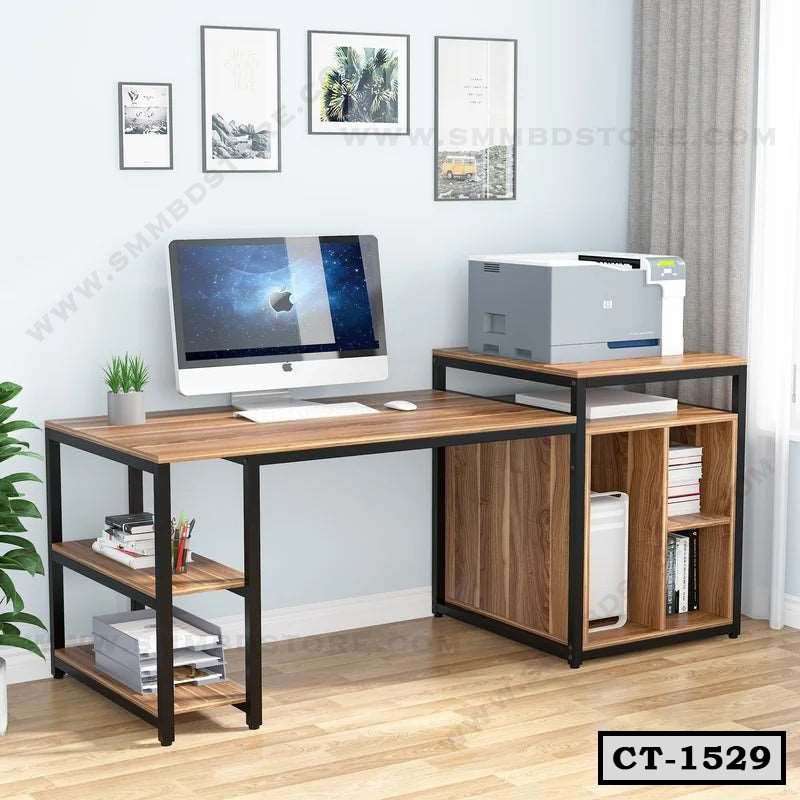 Modern L-shaped computer table with wooden shelves, black metal frame, and office setup